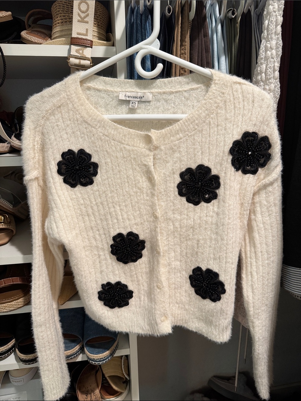 Francesca's Cream Cardigan with Black Floral Appliqués